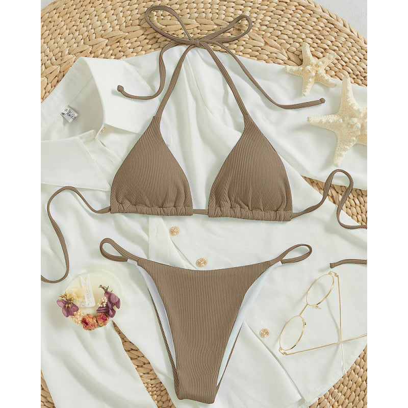 Damen Triangel-Bikini-Set mit verstellbaren Schnüren und feinem Strukturmuster EB