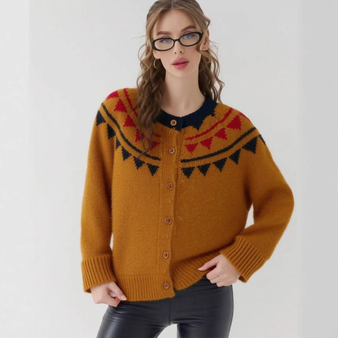 Damen kuscheliger Strickcardigan mit grafischem Norweger-Muster und Holzknopfdetails EB