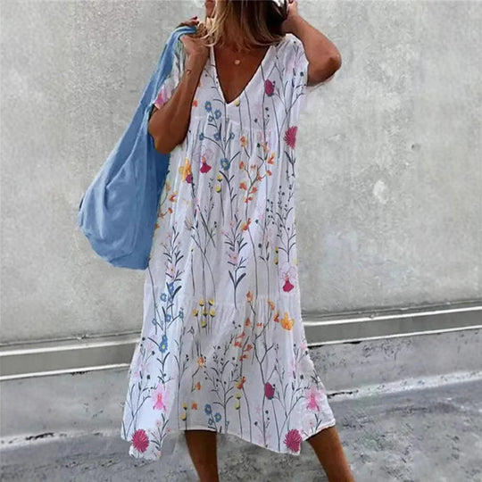 Damen lässiges Sommerkleid mit V-Ausschnitt und voluminösem Rock EB