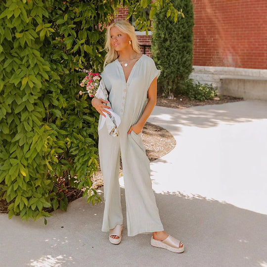 Damen Weitgeschnittener Jumpsuit mit Knopfleiste und Taschen EB