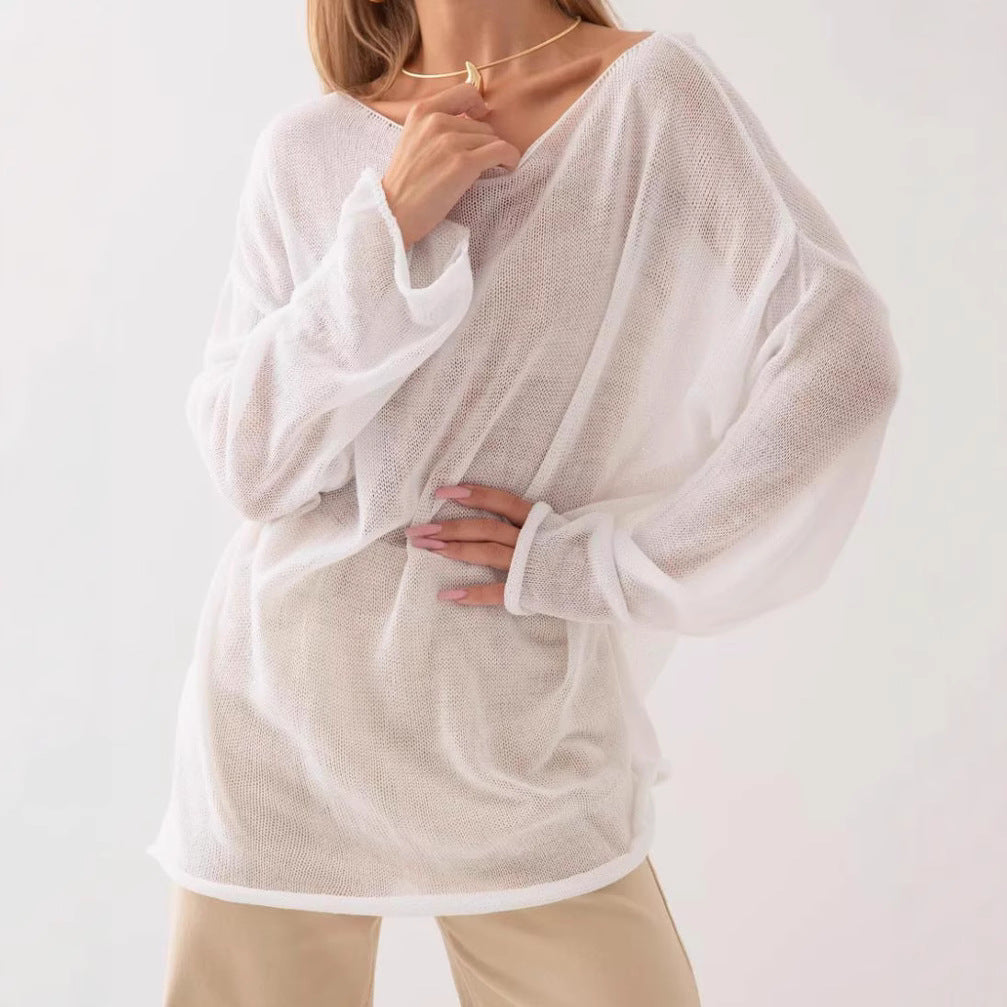 Damen luftiger Oversize-Strickpullover mit weitem Schnitt und transparentem Gewebe EB