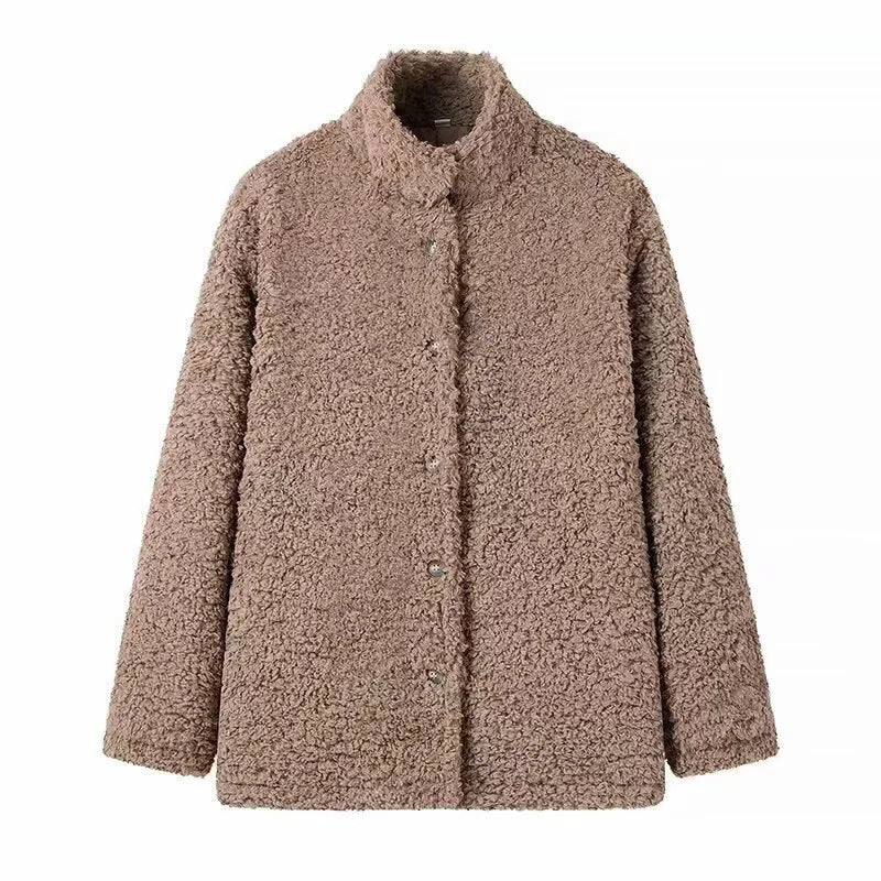 Damen kuschelige Fleecejacke mit hohen Kragen und Druckknopfverschluss EB