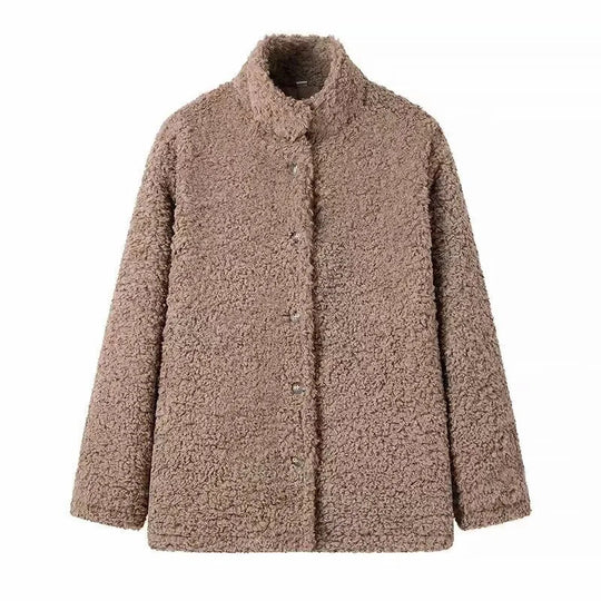 Damen kuschelige Fleecejacke mit hohen Kragen und Druckknopfverschluss EB