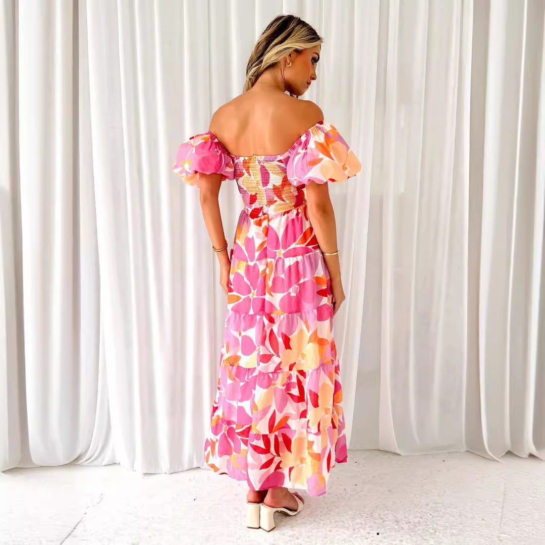 Damen Maxikleid mit voluminösen Puffärmeln und floralem Muster EB