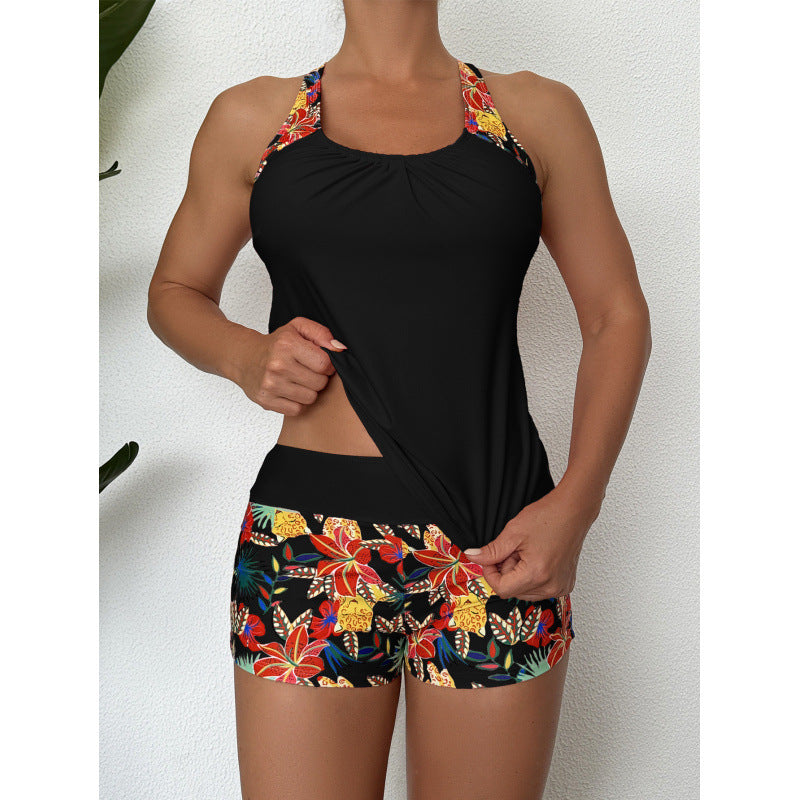 Damen Sportliches Badeanzug-Set mit Cross-Back-Design und Blumenmuster EB