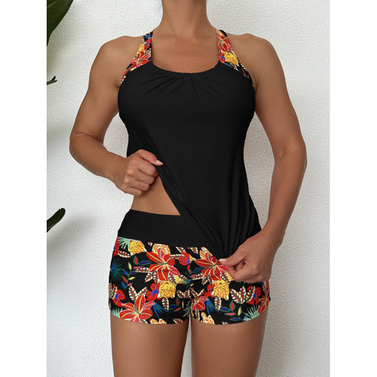 Damen Sportliches Badeanzug-Set mit Cross-Back-Design und Blumenmuster EB