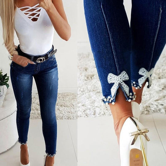 Damen Skinny Jeans mit Perlen- und Schleifendetails EB