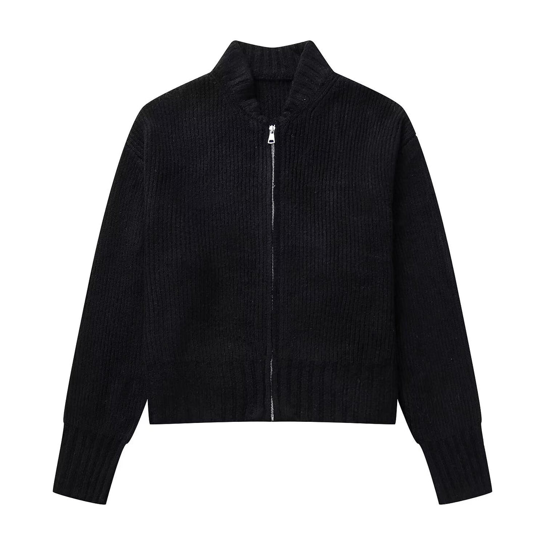 Damen modische Strickjacke mit hohem Kragen und Reißverschluss EB