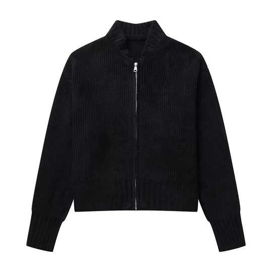 Damen modische Strickjacke mit hohem Kragen und Reißverschluss EB