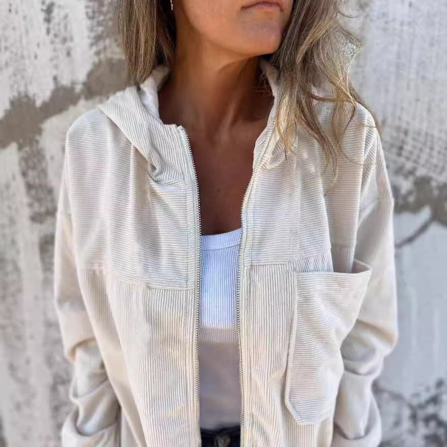 Damen nan Feincord-Übergangsjacke mit Kapuze, Reißverschluss, elastischen Bündchen und seitlichen Eingrifftaschen EB