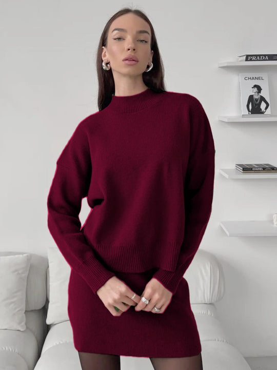 Damen kuscheliges Strickensemble mit hochgeschlossenem Design und ausgestelltem Rock EB