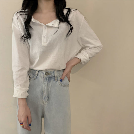 Damen Langarm-Henley-Shirt mit modernem Kragen und durchgehender Knopfleiste EB