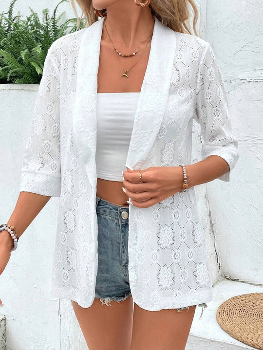 Damen Spitzenblazer mit filigranem Motiv und kurzem Arm EB