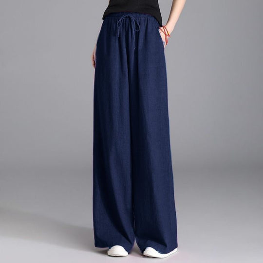Damen nan weite Palazzo Leinenhose mit elastischem Kordelbund und Seitentaschen EB