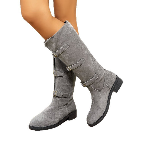 Damen Overkneestiefel mit modischen Schnallen und robustem Profilsohle EB