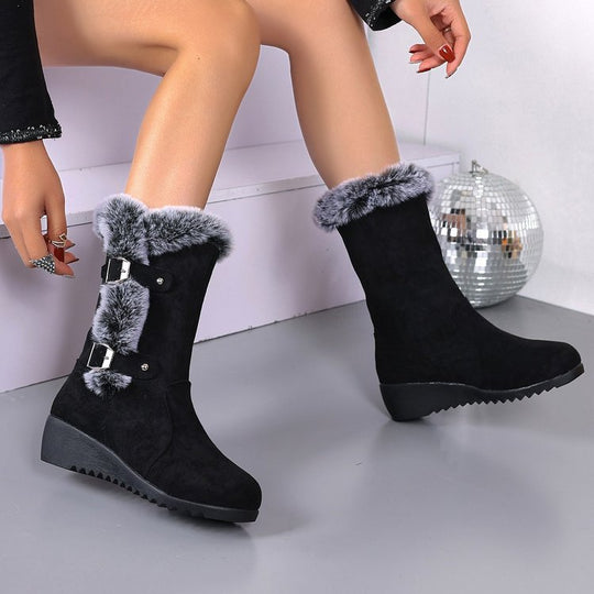 Damen Wedge-Stiefel mit gefüttertem Kunstfellkragen und verstellbaren Schnallen EB