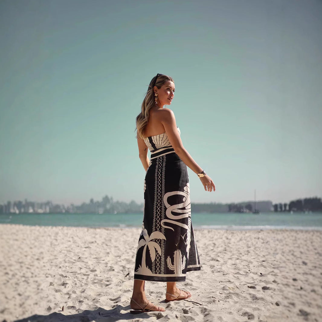 Damen Bandeau Maxikleid mit elegantem Blätterdruck und hoher Beinfreiheit EB