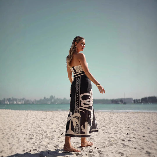 Damen Bandeau Maxikleid mit elegantem Blätterdruck und hoher Beinfreiheit EB