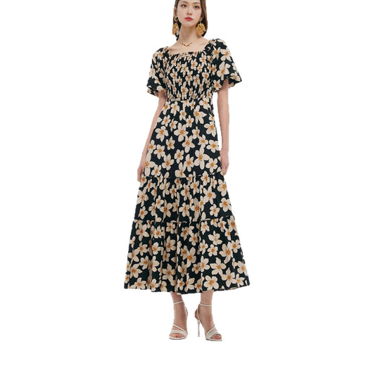 Damen Maxikleid mit voluminösem Rock und Blumenmuster EB