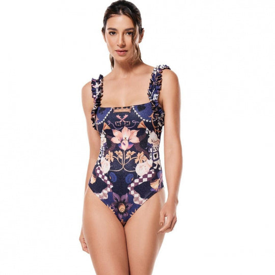 Damen Einteiler Badeanzug mit verspieltem Blumendesign und passendem Strandrock EB