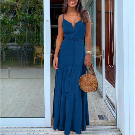 Damen Maxi-Kleid mit knöpfbarem Ausschnitt und Taillengürtel EB