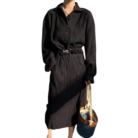 Damen Langarmhemdkleid mit taillierbarem Design und elegantem Strukturstoff EB