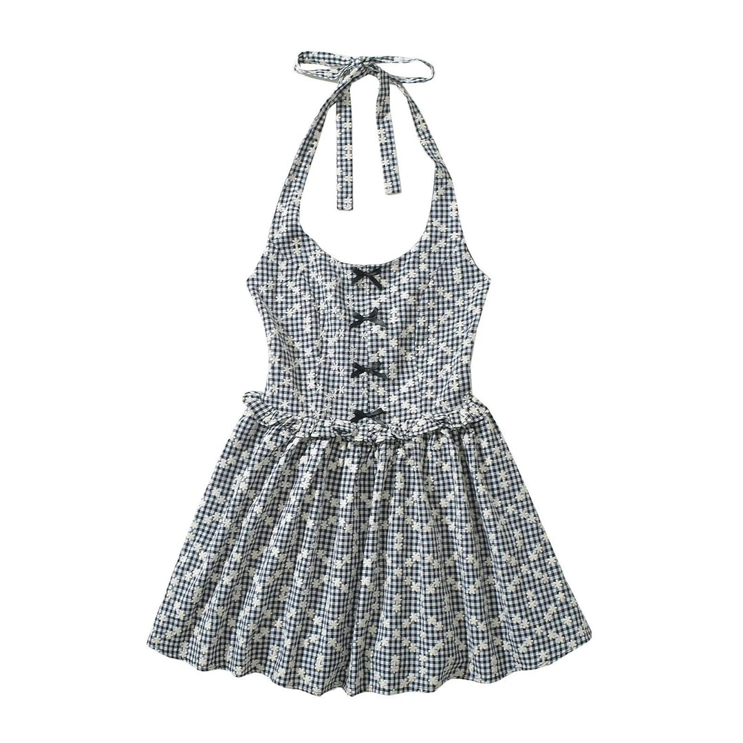 Damen Freizeitkleid mit verspieltem Halterneck und floralem Karodesign EB