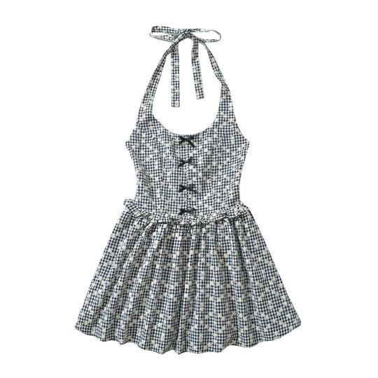 Damen Freizeitkleid mit verspieltem Halterneck und floralem Karodesign EB