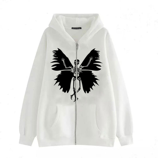 Damen Zip-Hoodie mit einzigartigem Skelett- und Schmetterlingsmotiv EB