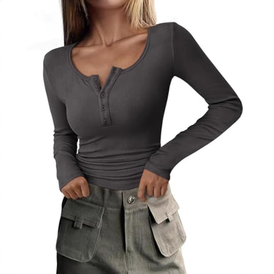 Damen Langärmeliges Rippshirt mit Henley-Knopfleiste und taillierter Passform EB