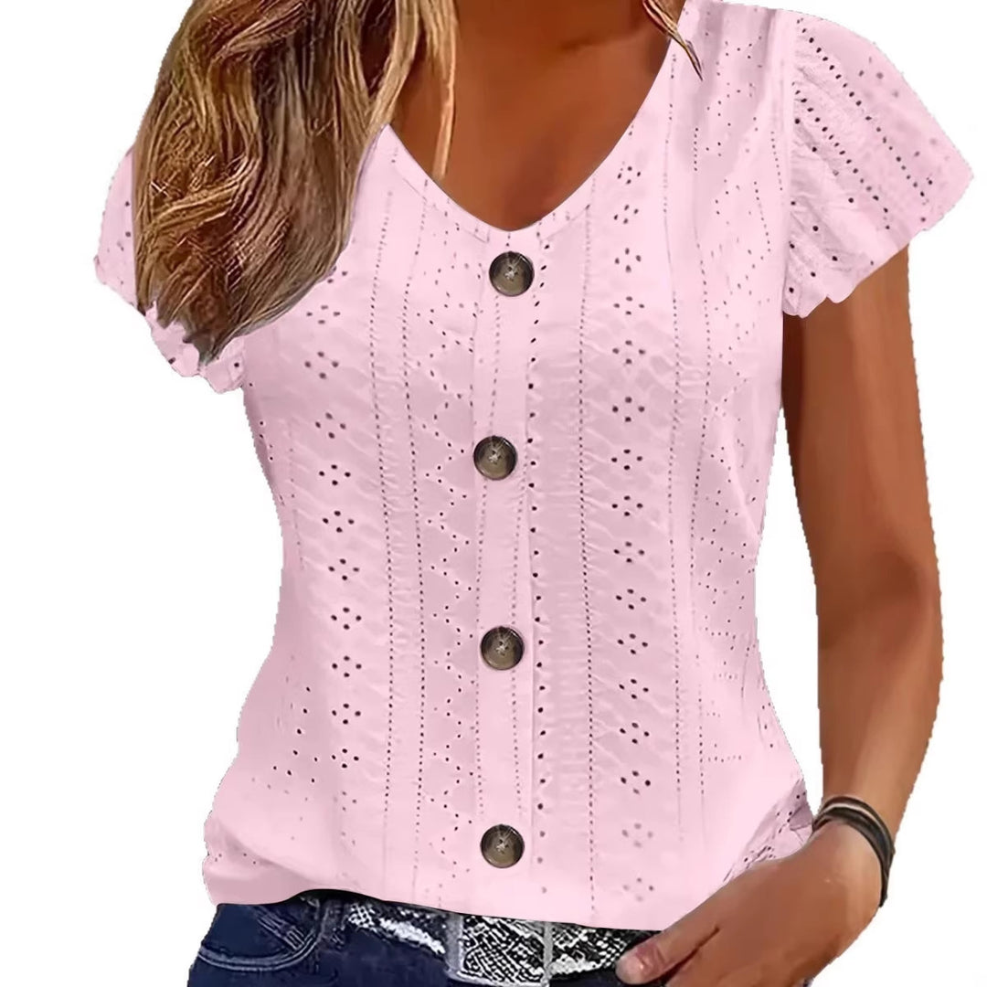 Damen luftige Bluse mit filigranem Lochmuster und Knopfdetails EB