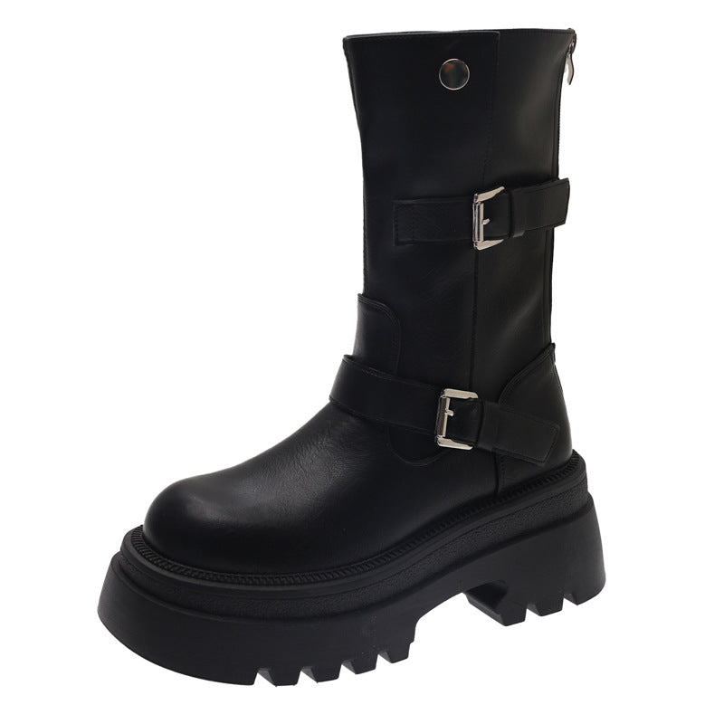 Damen modische kniehohe Stiefel mit verstellbarem Riemendesign und robustem Profil EB