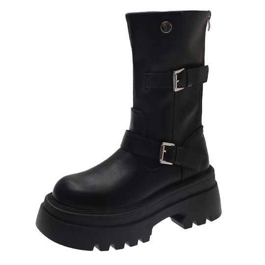 Damen modische kniehohe Stiefel mit verstellbarem Riemendesign und robustem Profil EB