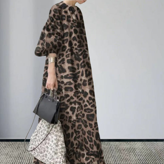 Damen Langarm Maxi-Kleid im auffälligen Leopardenmuster EB