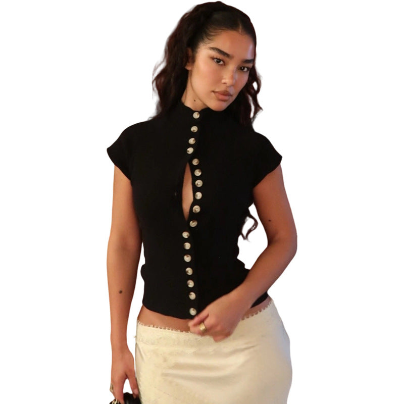 Damen Stehkragen Bluse mit Knopfleiste EB