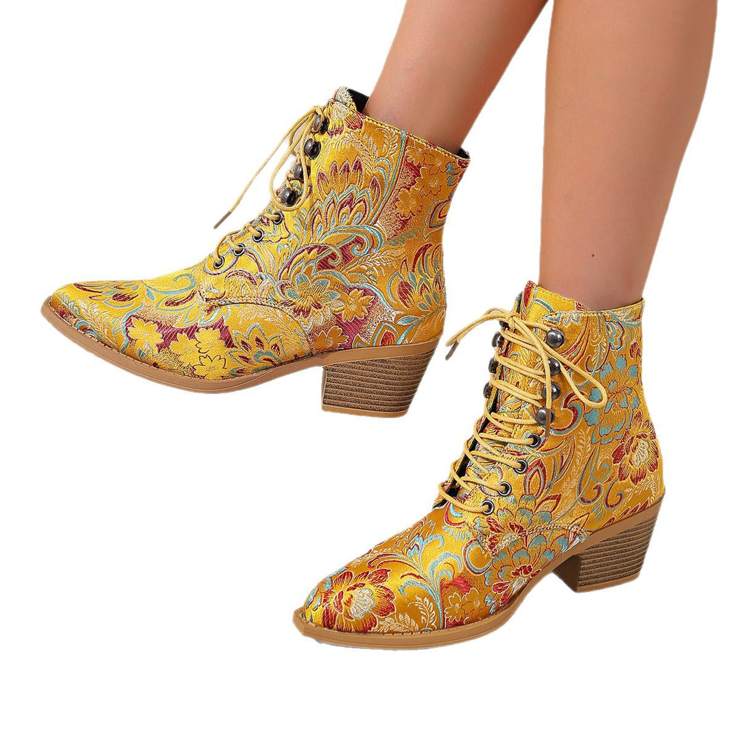 Damen bestickte Schnür-Stiefelette mit Jacquard-Brokatmuster und niedrigem Blockabsatz EB