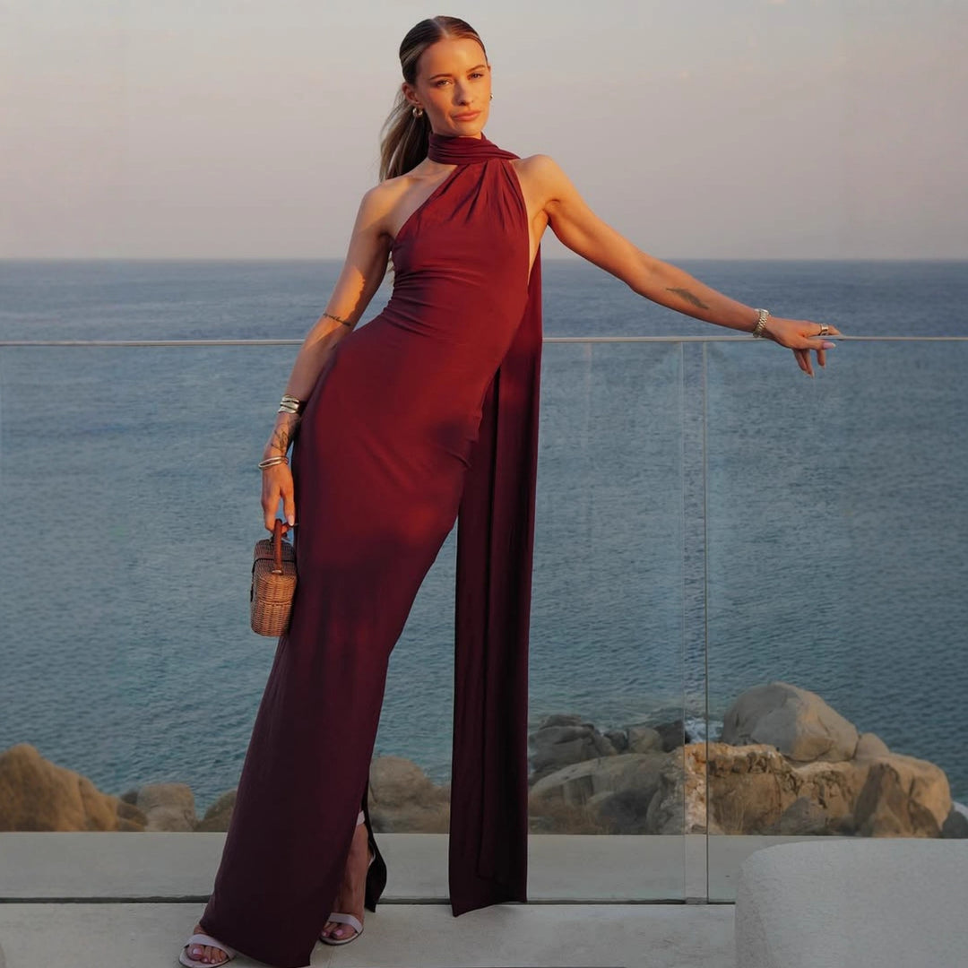 Damen Elegantes Maxikleid mit innovativem Wickeldesign und asymmetrischem Halterhals EB