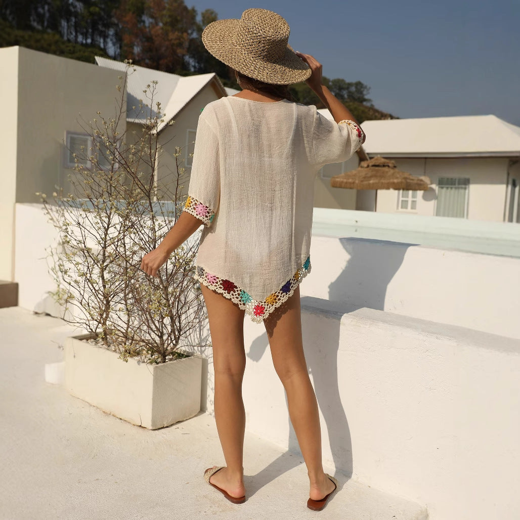 Damen luftiger Kaftan mit buntem Häkelmuster EB