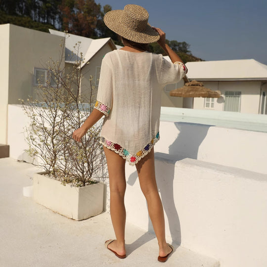 Damen luftiger Kaftan mit buntem Häkelmuster EB