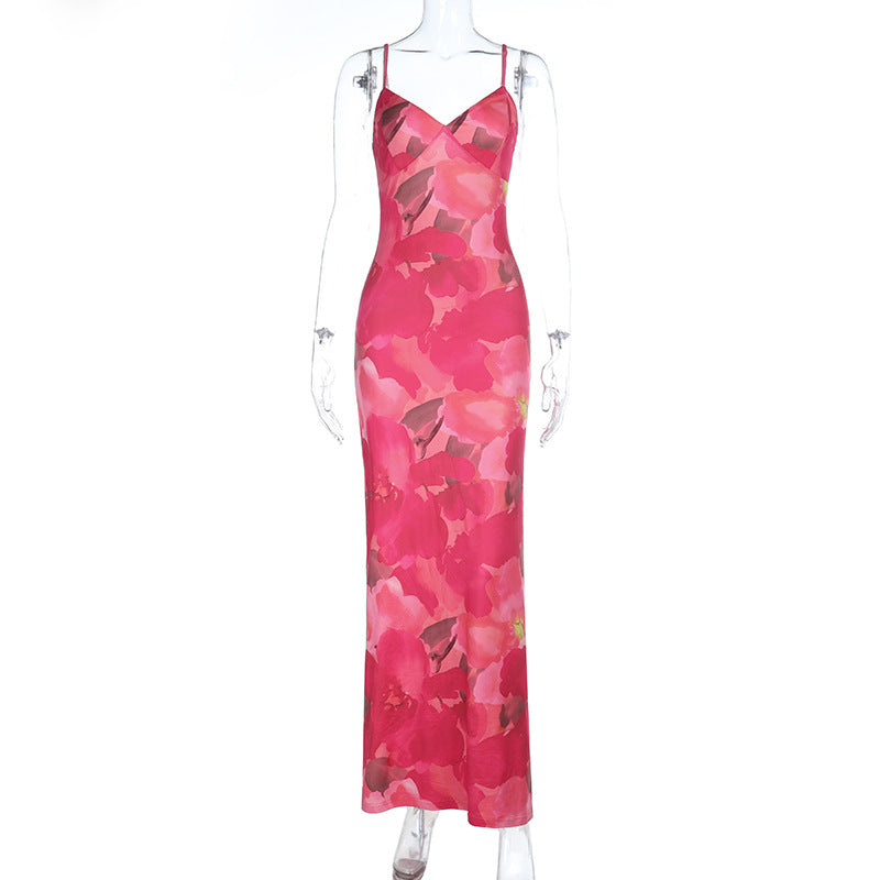 Damen Maxikleid mit floralem Muster und verstellbaren Spaghetti-Trägern EB