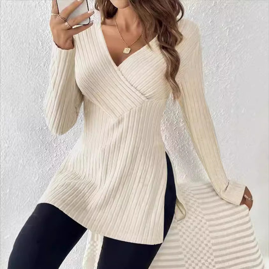 Damen Strickpullover mit modernem Wickel-Design und Seitenschlitzen EB