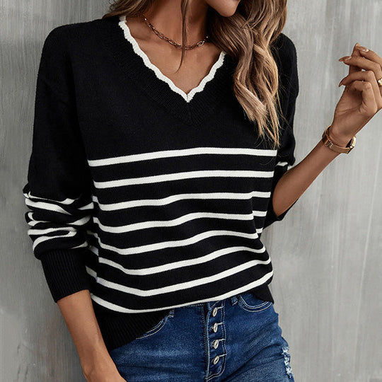 EB | Pullover - Damen Herbst Freizeit Gestreifter V-Ausschnitt Pullover