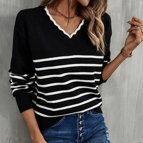 EB | Pullover - Damen Herbst Freizeit Gestreifter V-Ausschnitt Pullover