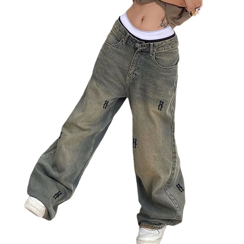 Damen nan hochtaillierte weite Denim-Jeans mit geradem Bein, Five-Pocket und Ton-in-Ton Stickerei EB