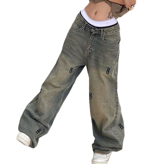 Damen nan hochtaillierte weite Denim-Jeans mit geradem Bein, Five-Pocket und Ton-in-Ton Stickerei EB