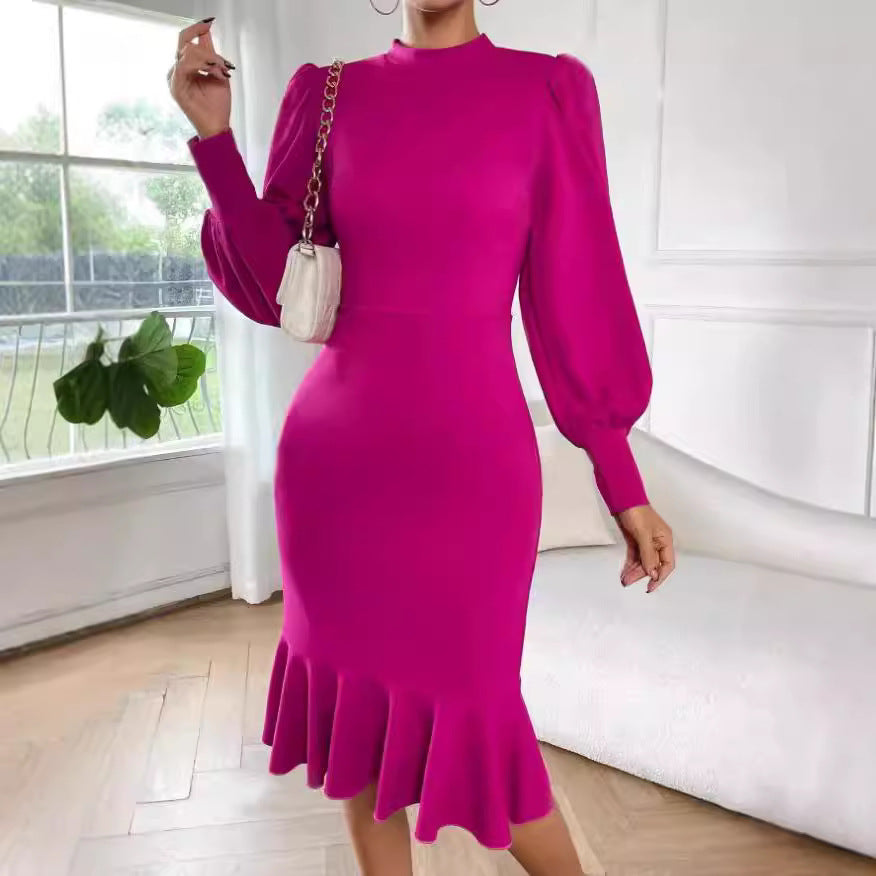 Damen nan tailliertes Pencil-Midikleid mit Stehkragen, ballonärmeln und Glockenvolant EB