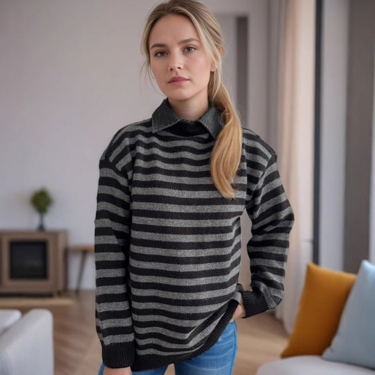 Damen lässiger Pullover mit strukturellem Streifenmuster und modischem Kragen EB