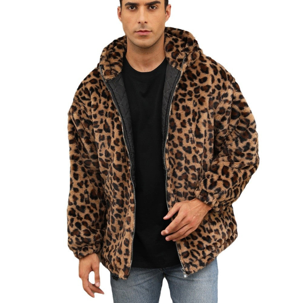 Herren kuschelige Fleecejacke im Leopardenmuster EB