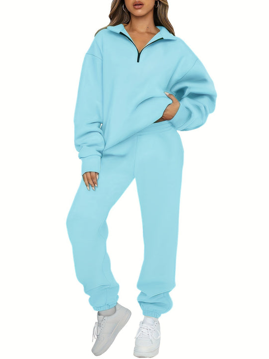 Damen nan zweiteiliges Relax-Set mit halbverdecktem Halbzip-Sweatshirt im Oversize-Schnitt und hohem Komfortbund Jogginghose EB