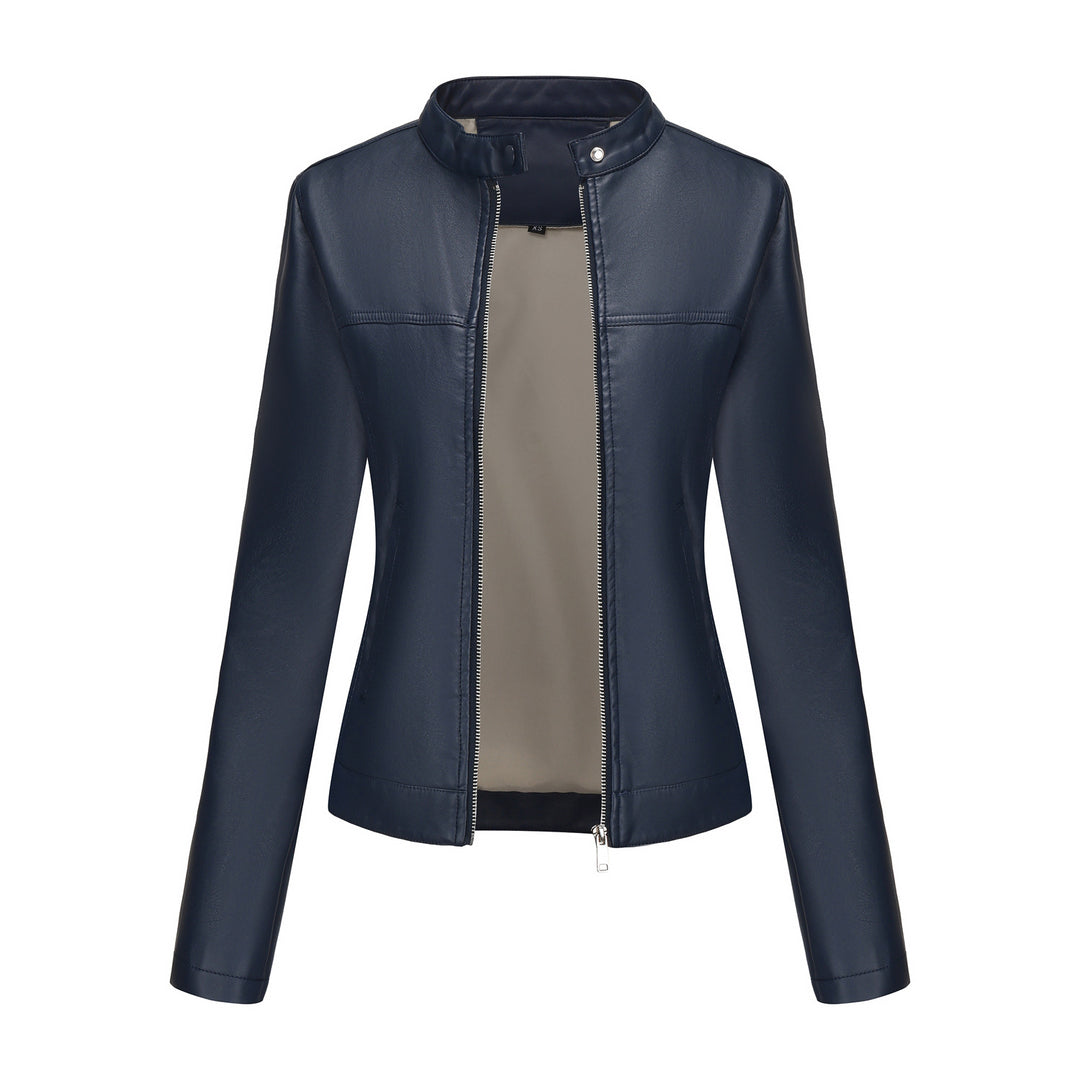 Damen nan taillierte Kunstlederjacke mit Stehkragen, verdecktem Reißverschluss und cleanem Minimaldesign EB